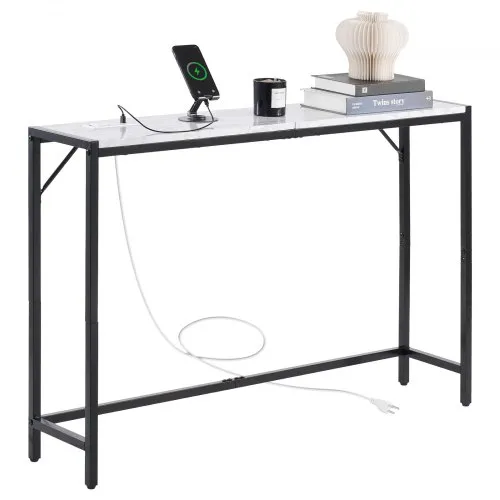 VEVOR Konsolentisch aus Marmor, moderner langer Flurtisch (110 cm) mit Steckdose, dünner Sofa-Beistelltisch mit Eisenrohren, Kippschutz & dreieckiger Stütze für Wohnzimmer Flur Eingangsbereich VEVOR Konsolentisch aus Marmor, moderner langer Flurtisch (110 cm) mit Steckdose, dünner Sofa-Beistelltisch mit Eisenrohren, Kippschutz & dreieckiger Stütze für Wohnzimmer Flur Eingangsbereich