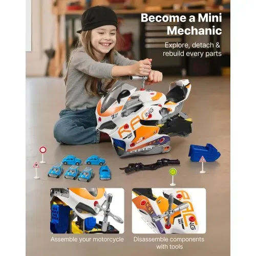 VEVOR Motorradmotor-Spielzeug, 25-teilig, Motorradmechaniker-Spielzeug mit abnehmbaren Teilen, Lichtern & Geräuschen, simuliertes Fahren & Rennstreckenrennen, für Kinder ab 3 Jahren, Gelb – Bild 2