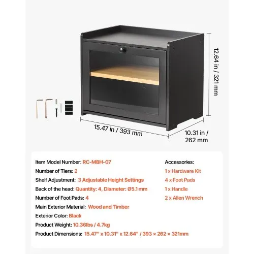 VEVOR Brotkasten mit Acrylfenster 393x262x321 mm Brotbox Bambusholz Schwarz Ideal für Bagels & Muffins, mit Magnetverschluss, Seitenhaken, Belüftungslöchern & 3-Stufig Höhenverstellbarem Einlegeboden – Bild 6