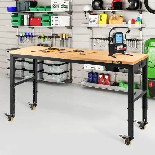 VEVOR Werkbank, höhenverstellbar, 122 cm L x 61 cm B x 104 cm H, Garagentisch mit 79 cm – 104 cm Höhe, 725,7 kg Kapazität, mit Steckdosen und Hartholzplatte und Metallrahmen & Drehgelenk Rolle – Bild 7