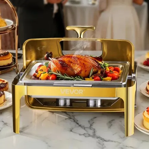 VEVOR Chafing Dish Set Speisenwärmer Edelstahl mit Pfannen in voller Größe (8,5 L), rechteckiger Wärmespender mit sichtbarem Deckel & Wasserpfannenständer & Brennstoffhalter, für Partys Gold – Bild 7