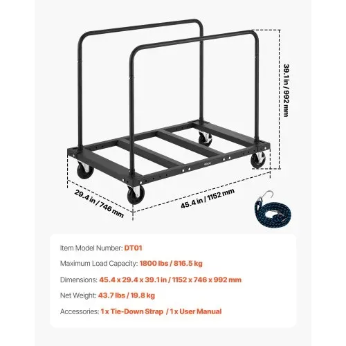 VEVOR Plattenwagen, 816 kg, Transportwagen mit 12,5 mm Lenkrollen, Plattenroller, Rohrbügelwagen mit Zurrgurt & 2 seitlichen Handläufen, Transporthilfe für Fabrik, Lager, Garage, Schwarz – Bild 6