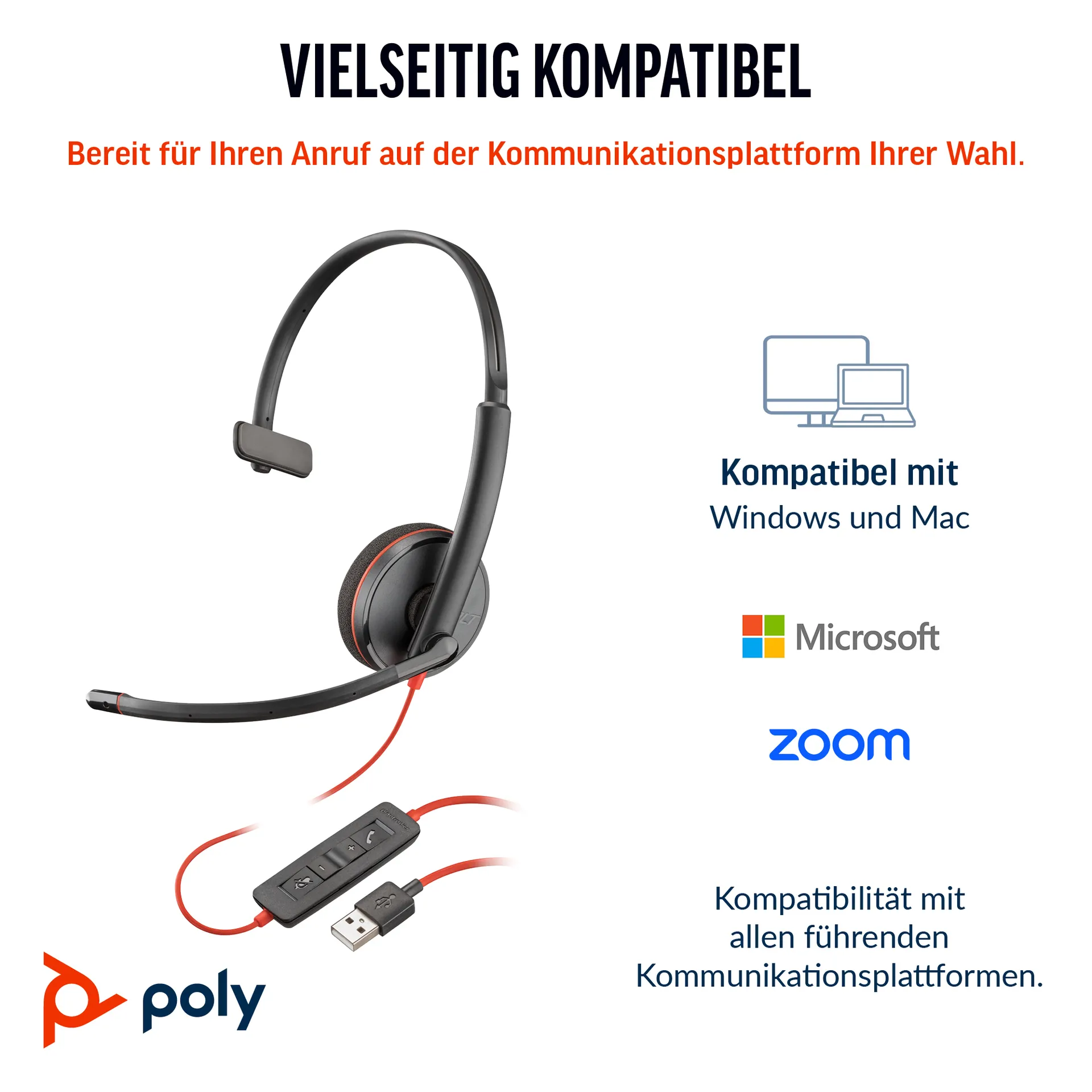 HP Poly Blackwire 3210 Monaurales USB-C-Headset + USB-C/A-Adapter – Bild 4