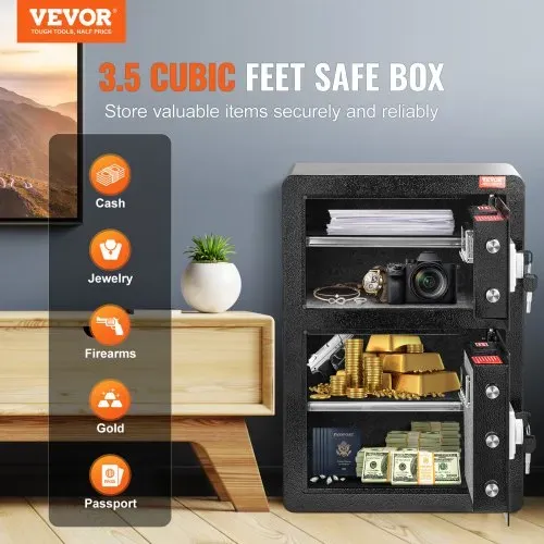 VEVOR Safe Tresor mit feuerfester Geldtasche, Doppeltüren-Safe 3,5 Kubikfuß, 2 höhenverstellbare Trennwände, digitaler Möbeltresor mit Schlüssel, Code, Safe für Geld Schmuck Wertsachen, Schwarz VEVOR Safe Tresor mit feuerfester Geldtasche, Doppeltüren-Safe 3,5 Kubikfuß, 2 höhenverstellbare Trennwände, digitaler Möbeltresor mit Schlüssel, Code, Safe für Geld Schmuck Wertsachen, Schwarz