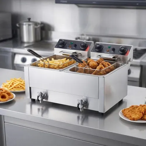 VEVOR Gewerbliche Elektrische 2-Becken-Fritteuse 14 L, 5000 W Edelstahl-Tischfritteuse mit Frittierkörben, Deckeln, Temperaturregelung, Timer und Überhitzungsschutz, für Restaurant, Imbiss, Küche – Bild 7