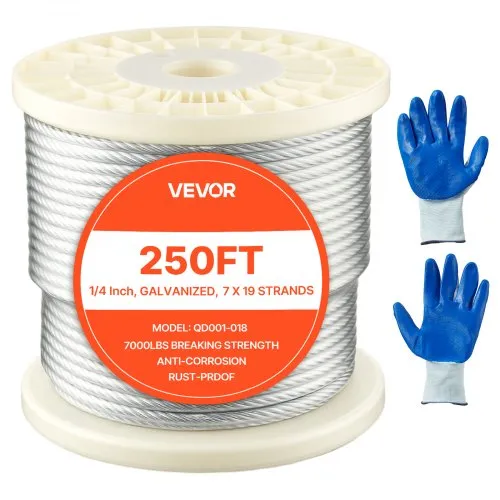VEVOR Drahtseil φ6,35mm 76,2 m Länge, verzinktes Kohlenstoffstahlseil, 31,1 kN Bruchfestigkeit, 7×19 Litzen, Geländerseil für Terrassengeländer, Gartenspaliere, inkl. Handschuhe VEVOR Drahtseil φ6,35mm 76,2 m Länge, verzinktes Kohlenstoffstahlseil, 31,1 kN Bruchfestigkeit, 7×19 Litzen, Geländerseil für Terrassengeländer, Gartenspaliere, inkl. Handschuhe