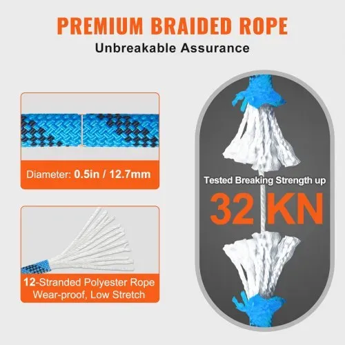 VEVOR 12,7 mm statisches Kletterseil, 60,9 m (200 Fuß) Outdoor-Kletterseil, 30 kN Bruchfestigkeit, Faserseil für Flucht, Abseilen, Brandrettung, Blau – Bild 2
