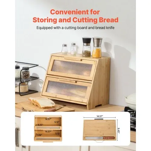VEVOR Doppellagiger Brotkasten für Küchentheke Brotbehälter Brotbox Brot-Organizer aus Holz für selbstgebackenes Brot, Aufbewahrungsbehälter mit gewellter Acryl-Türplatte, Brotaufbewahrung Natur – Bild 2