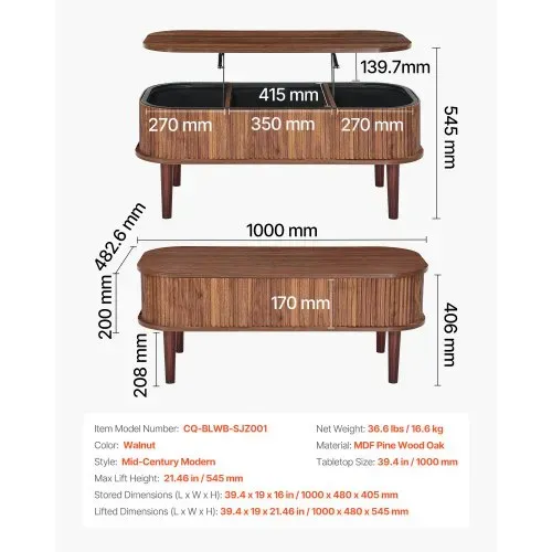 VEVOR Couchtisch Höhenverstellbar 1000x480x405-545 mm, Wohnzimmertisch mit Stauraum, Ausziehbarer Kaffeetisch im Mid-Century-Stil aus MDF, Hubtischplatte für Zuhause & Büro, Walnussfarbe – Bild 6