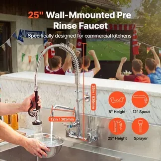 VEVOR Kommerzieller Wasserhahn mit Vorspülbrause, 63 cm Höhe, 305 mm Schwenkauslauf, Wandmontage Küchenspülenhahn, Messingkonstruktion mit Ausziehbarer Brause, für 1/2/3-Fach-Spüle VEVOR Kommerzieller Wasserhahn mit Vorspülbrause, 63 cm Höhe, 305 mm Schwenkauslauf, Wandmontage Küchenspülenhahn, Messingkonstruktion mit Ausziehbarer Brause, für 1/2/3-Fach-Spüle