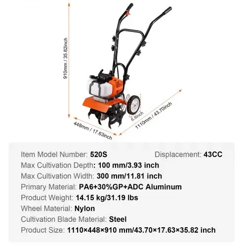 VEVOR Gartenfräse 43CC Hubraum Gasbetrieben Motorhacke 300mm Anbaubreite Motorfräse 100mm Kultivierungstiefe Bodenhacke Stahl Kultivierungsklinge Ackerfräse 1110x448x910mm Kultivator – Bild 6