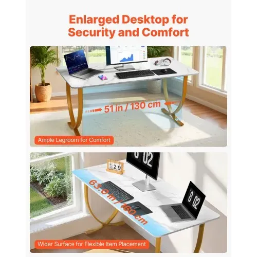 VEVOR Computertisch Bürotisch Schreibtisch (160 x 80 cm Tischplatte), moderner Arbeitstisch mit Metallrahmen & 158 kg Tragkraft für Homeoffice Arbeitszimmer Schlafzimmer Wohnzimmer, Weiß Gold – Bild 3