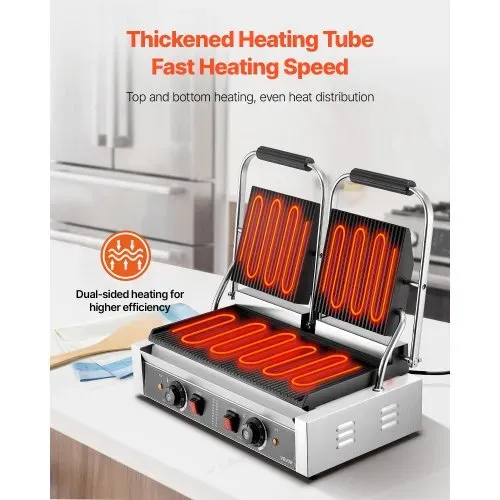 VEVOR kommerzieller Kontaktgrill 3600 W Elektrogrill Sandwichmaker (Doppelbackplatten) Panini Presse aus Edelstahl mit Temperaturregelung, 48 x 23 cm gerillte Emailleplatte für Hamburger Steak Speck VEVOR kommerzieller Kontaktgrill 3600 W Elektrogrill Sandwichmaker (Doppelbackplatten) Panini Presse aus Edelstahl mit Temperaturregelung, 48 x 23 cm gerillte Emailleplatte für Hamburger Steak Speck