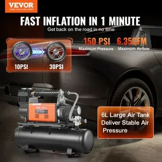 VEVOR 12-V-Hochleistungsluftkompressor mit 6-l-Tank-Kit, tragbarer 6,35-CFM-Reifenfüller, 150-PSI-Offroad-Luftkompressor mit digitalem Druckmesser, Reifenfüller für LKWs, Autos, SUVs, 4×4-Fahrzeuge, Wohnmobile VEVOR 12-V-Hochleistungsluftkompressor mit 6-l-Tank-Kit, tragbarer 6,35-CFM-Reifenfüller, 150-PSI-Offroad-Luftkompressor mit digitalem Druckmesser, Reifenfüller für LKWs, Autos, SUVs, 4×4-Fahrzeuge, Wohnmobile
