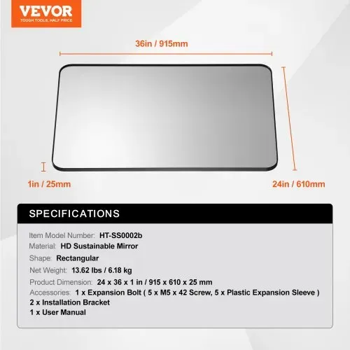 VEVOR Wandspiegel Schminkspiegel Badezimmerspiegel 915 x 610 x 25 mm rechteckiger Spiegel, schwarzer Rahmen aus Aluminiumlegierung mit Z-förmiger Halterung für Badezimmer Schlafzimmer Wohnzimmer – Bild 6