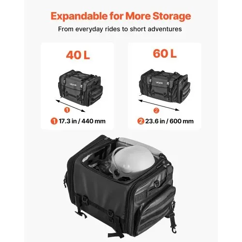 VEVOR Motorrad Hecktasche Rücksitztasche (40-60 L) mit wasserfester Regenabdeckung, Motorrad-Gepäckaufbewahrung, Gepäckträgertasche mit Schultergurt & elastischer Kordel, Motorradgepäck Schwarz – Bild 2
