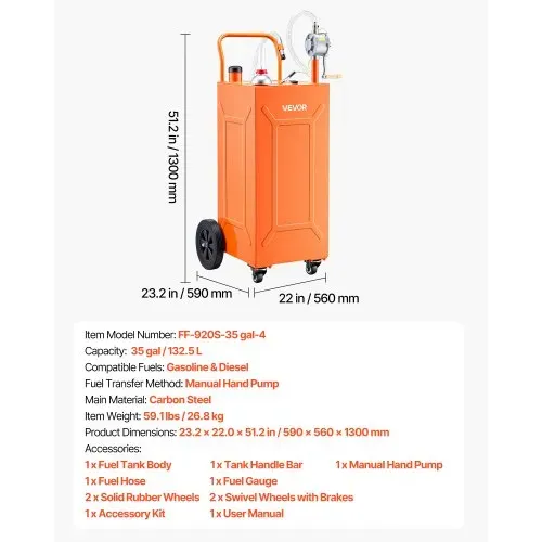 VEVOR 132,5L Kraftstofftrolley Mobile Tankanlage mit Manueller Pumpe Orange, Kohlenstoffstahl, Inkl. 4 Rolle & 3m Förderschlauch, Max. 17,8L/min Durchfluss, Benzin & Diesel, Ideal für ATV UTV Motorrad – Bild 6