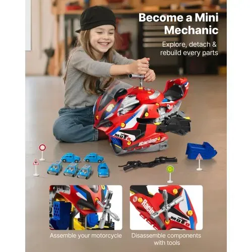 VEVOR Motorradmotor-Spielzeug, 25-teilig, Motorradmechaniker-Spielzeug mit abnehmbaren Teilen, Lichtern & Geräuschen, simuliertes Fahren & Rennstreckenrennen, für Kinder ab 3 Jahren, Rot – Bild 2