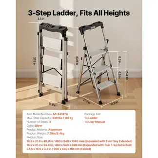 VEVOR Trittleiter 3 Stufen, Klappleiter mit Anti-Rutsch-Stufen & Komfortablem Handgriff, Haushaltsleiter Tragkraft 150 kg, Aluminium-Stehleiter, Sicherheitsleiter für Küche, Lager, Haushalt & Büro VEVOR Trittleiter 3 Stufen, Klappleiter mit Anti-Rutsch-Stufen & Komfortablem Handgriff, Haushaltsleiter Tragkraft 150 kg, Aluminium-Stehleiter, Sicherheitsleiter für Küche, Lager, Haushalt & Büro