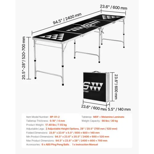 VEVOR Klappbarer Bierpong-Tisch 2,4 x 0,6 x 0,7 m mit 6 Tischtennisbällen, Faltbarer Beer-Pong-Tisch Tragbar mit Tragegriffen, Ideal für Büro, Grillpartys, Reisen und Camping, Höhenverstellbar – Bild 6