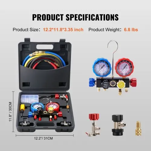 VEVOR Kältemittel Manometer 4-Wege Auto Kältemittel Verteiler Messgeräteset, R134A-R12-R410A-R22 AC 4 Stk. 1524 mm Ladeschläuche Kältemittel Manifold Messgerät AC-Diagnosewerkzeuge Autoklimaanlagen – Bild 6