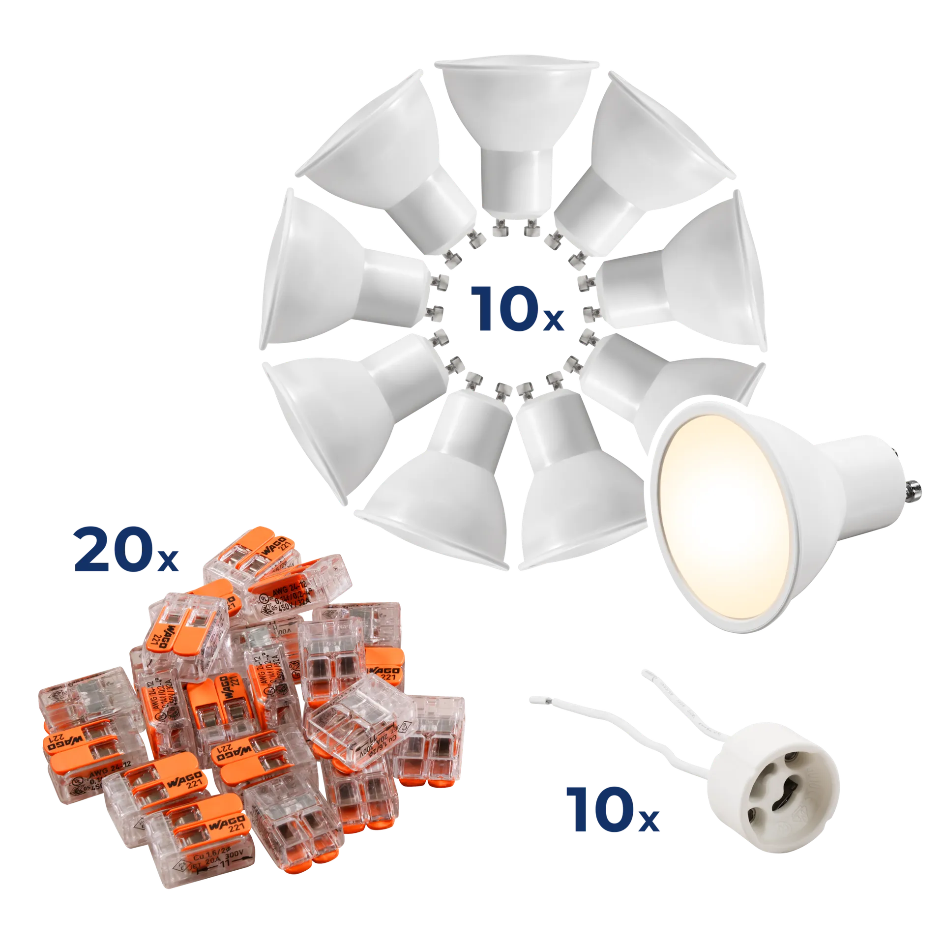 LED-Strahler Komplettset McShine, 10x MS-60, 10x Fassung, 20x Wago-Klemme LED-Strahler Komplettset McShine, 10x MS-60, 10x Fassung, 20x Wago-Klemme