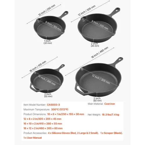 VEVOR Gusseisenpfanne Bratpfannen-Set (150 / 205 / 260 / 305 mm), Hochleistungs-Bratpfannen mit hitzebeständigem Griff, Kochpfanne, Küchenkochgeschirr, geeignet für Backofen Gas Elektro Schwarz – Bild 6