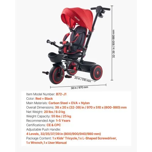 VEVOR Dreirad für Kinder von 1 bis 5 Jahren, Laufrad mit Schubstange, Klappbarem Verdeck, Verstellbarem Sitz und Aufbewahrungskorb, Kinderdreirad als Geschenk für Jungen und Mädchen, Rot+Schwarz – Bild 6