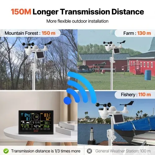 VEVOR Profi WLAN-Wetterstation 7 in 1 solarbetrieben Wettercenter 190,5 mm (7,5-inch) Display 150m Übertragungsreichweite Außensensor für Windgeschwindigkeit Windrichtung Temperatur Luftfeuchtigkeit Niederschlag – Bild 5