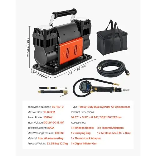 VEVOR Hochleistungs-Luftkompressor Zweizylinder, 300 L/min, tragbarer Reifenfüller, 12 V, 150 PSI, Offroad-Luftpumpe mit digitalem Manometer & Adaptern für LKW, PKW, SUV, Geländewagen & RV – Bild 6