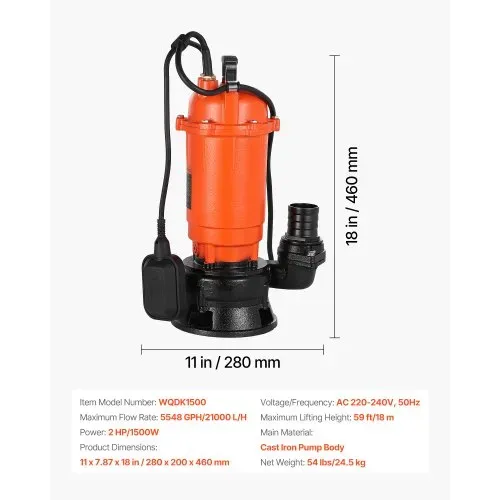 VEVOR 1500 W Tauchpumpe, 21000 l/h, Gusseisen-Schmutzwasserpumpe mit automatischem Schwimmerschalter, 18m Förderhöhe zum Abpumpen von Schmutzwasser, für Pools, Teiche & überflutete Bereiche – Bild 6