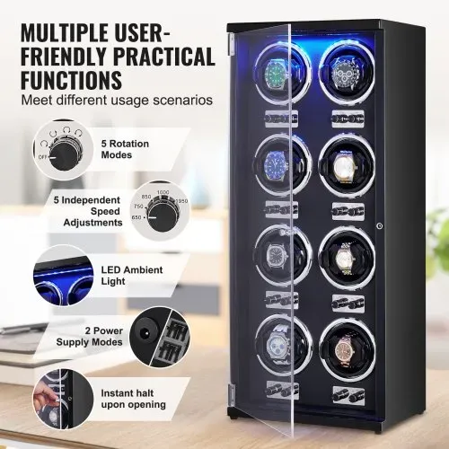 VEVOR Uhrenbeweger, Automatik-Uhrenbeweger, Watch Winder, Uhrenbeweger für Automatikuhren, Automatischer Uhrenbeweger mit Platz für 8 Uhren, LED Beleuchtung, 150–207 mm Einstellbar Riemenlänge – Bild 4