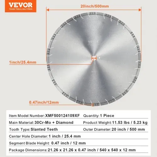 VEVOR Diamantsägeblatt Betonsägeblatt 50 cm für Nass- oder Trockenarbeiten, 12 mm Diamantsegmentsägeblatt mit schrägen Zähnen, Mittellochdurchmesser 25,4 mm, für Beton, Zementplatten, Fliesen, Ziegel – Bild 6