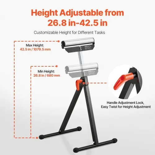 VEVOR 2er-Set Rollenbock, 61 kg Tragkraft, höhenverstellbar 68-108 cm,kappbarer Rollenständer mit 292,1 mm poliertem Stahlrollenkopf, Arbeitsbock für Tischkreissägen-Auslauf, Verlängerungsstütze – Bild 2