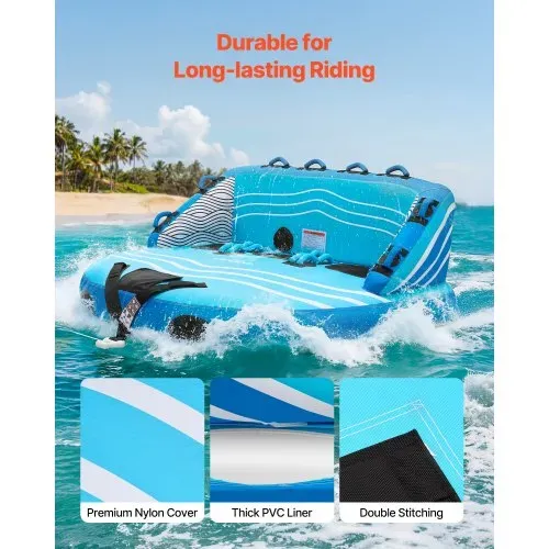 VEVOR Towable Tube für Boote, Wassersport-Schleppreifen für 3 Personen, bis 231 kg Tragfähigkeit, mit 2 Zugpunkten, Nylonhülle, Gepolsterten Griffen und Sicherheitsventil, für Seen, Flüsse, Blau – Bild 3