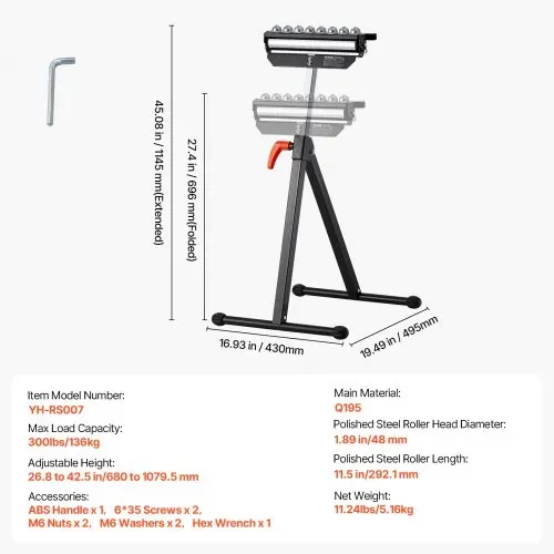 VEVOR 3-in-1 Rollenständer, 136 kg, 68–108 cm höhenverstellbar, Rollenbock mit 29,2 cm poliertem, multidirektionalem Rollenkopf, für Tischkreissägen-Auslauf, Holzbearbeitungs-Verlängerungsstütze – Bild 6