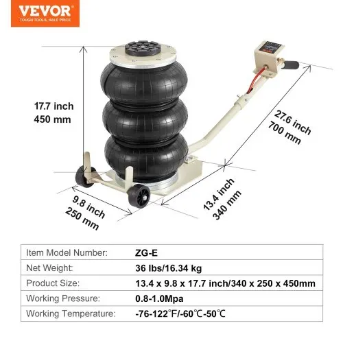 VEVOR Pneumatischer Wagenheber Air Jack 3 t, Weiß Dreifachbeutel-Luftheber 140-450 mm Hubhöhe Airbag Luftwagenheber mit langem Griff, 5 Minuten Hub Luftheber Wagenheber für SUV, Lkw, Pkw usw. – Bild 6