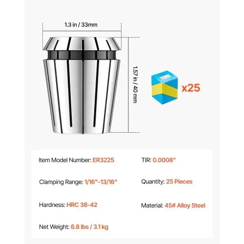 VEVOR ER32 Spannbuchsen Set 1/16 Zoll bis 13/16 Zoll 25-tlg. Spannzangensatz, für Fräsmaschinen & Bohrmaschinen, 0,0008 Zoll Rundlaufgenauigkeit, CNC-Spannzangen mit Aufbewahrungsbox, Legierter Stahl – Bild 6