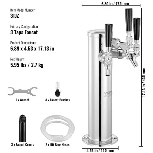 VEVOR Bierzapfturm mit 3 Zapfhähnen, Bierfassturm aus Edelstahl, Kegerator-Turm-Kit mit Vormontierten Schläuchen & selbstschließenden Zapfhähnen für Partys, Bars, Pubs und Restaurants – Bild 6
