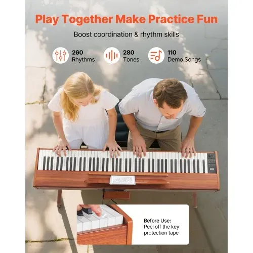 VEVOR Digitalpiano, 88 Tasten vollgewichtet anschlagdynamisch, E-Piano-Tastatur mit Notenständer, Dreifachpedal, Netzteil, 280 Töne, unterstützt kabellose Verbindung, für Anfänger, Holzfarbe – Bild 3