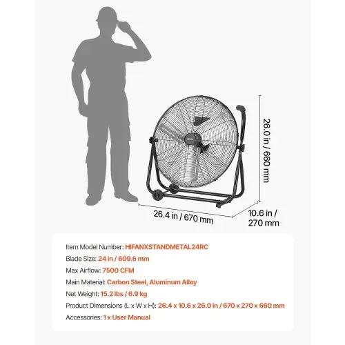 VEVOR Bodenventilator Ø609,6mm, Windmaschine 360° Neigbar, Standventilator mit 3 Geschwindigkeitsstufen, Trommelventilator Tragbar mit Griff Rollen & 1,6m Kabel, Industrie-Ventilator für Garage Lager – Bild 6