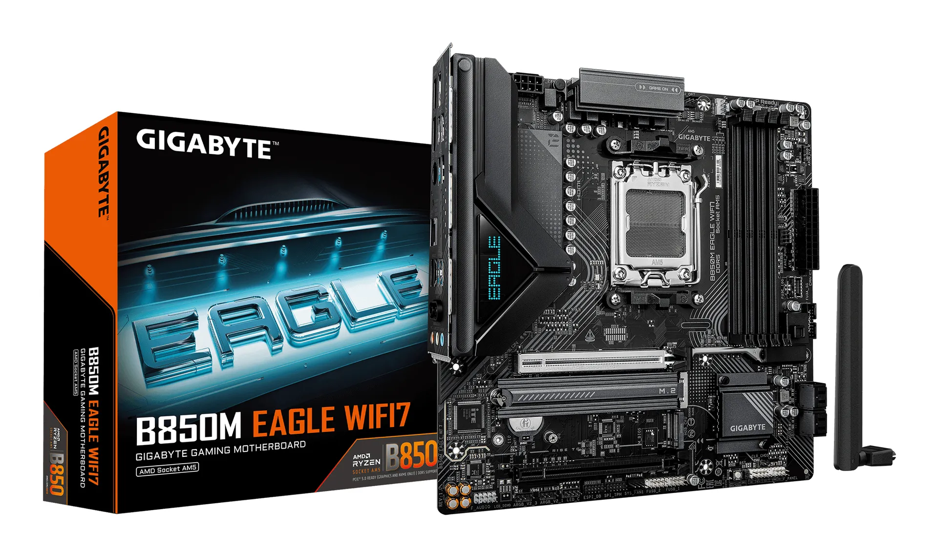 GIGABYTE B850M EAGLE WIFI7 Mainboard – AMD Ryzen 9000 Series CPUs, digitales 8+2+2-Phasen-VRM, bis zu 8200 MHz DDR5 (O.C.), 1× PCIe-5.0-M.2 + 1× PCIe-4.0-M.2, Wi-Fi 7, 2.5-GbE-LAN, USB 3.2 Gen 2 GIGABYTE B850M EAGLE WIFI7 Mainboard – AMD Ryzen 9000 Series CPUs, digitales 8+2+2-Phasen-VRM, bis zu 8200 MHz DDR5 (O.C.), 1× PCIe-5.0-M.2 + 1× PCIe-4.0-M.2, Wi-Fi 7, 2.5-GbE-LAN, USB 3.2 Gen 2