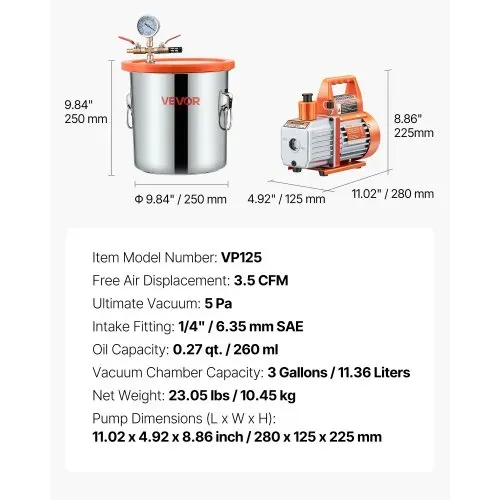 VEVOR 11,36 L Vakuumkammer mit Pumpe, 99 L/min, Edelstahl, Entgasungskammer-Kit, einstufig, Deckel aus gehärtetem Glas, 1,5 m Schlauch, zur Stabilisierung von Holzentgasungs-Silikonharz – Bild 6