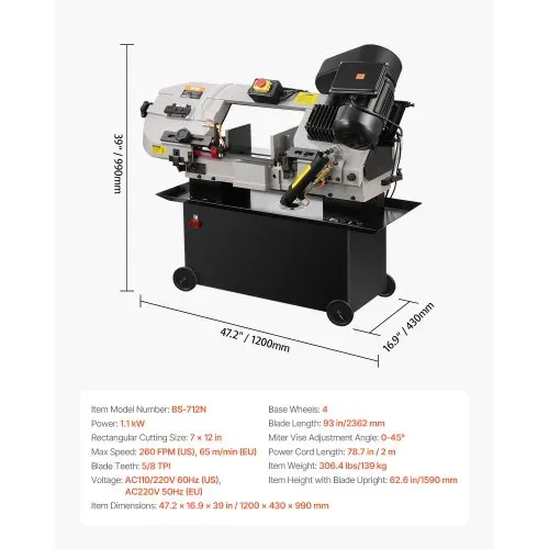 VEVOR Metallbandsäge mit Untergetsell, 17x30 cm rechteckige Schnittkapazität, Metall-Bügelsäge mit 1,1 kW-Motor, 0-45° Winkeleinstellung, variable Geschwindigkeit, für Metall, Holz und Kunststoff – Bild 6