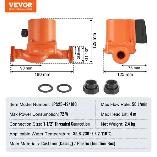 VEVOR Heizungspumpe Umwälzpumpe Pumpe Gusseisen 220 V 72 W, 50l/min Max. Durchflussrate, 4m Max. Förderhöhe, 1-1/2 Zoll Gewindeanschluss, Temperaturbereich Von 2 °C Bis 110 °C, Drei Einstellbare Durchflussraten, Geräuscharm – Bild 6