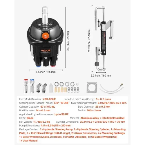 VEVOR Hydraulisches Außenborder-Lenkset, 70kW (90PS), Hydraulik-Lenkpumpe & Zylinder, 6,9MPa Betriebsdruck, Gehäuse aus Aluminiumlegierung, Rückschlagventil, für Außenbordmotoren, Fischer- & Segelboote – Bild 6