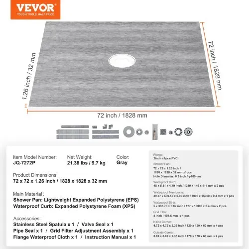 VEVOR Duschschwellen-Set, 1828 x 1828 mm Duschwannen-Set mit 50,8 mm PVC-Mittelflansch, 101,6 mm Edelstahlrost, wasserdichte Duschschwelle & Membran & Streifen, Duschabdichtung passend für Badezimmer – Bild 6