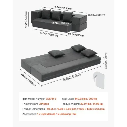VEVOR 3 in 1 Klappsofa faltbares Schlafsofa mit 3 Kissen & waschbarem Bezug, umwandelbarer Schlafsessel aus 25D Memory Foam, Couch für Wohnzimmer Schlafzimmer, Hellgrau (TWIN /1030x1930x225mm) – Bild 6