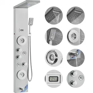 VEVOR Duschpaneelsystem, 6 Duschmodi, LED- und Display-Duschpaneelturm, Regenfall, Wasserfall, 4 Körpermassagedüsen, Wannenauslauf, Handbrause, 150 cm Schlauch, Wandmontiertes Duschset VEVOR Duschpaneelsystem, 6 Duschmodi, LED- und Display-Duschpaneelturm, Regenfall, Wasserfall, 4 Körpermassagedüsen, Wannenauslauf, Handbrause, 150 cm Schlauch, Wandmontiertes Duschset