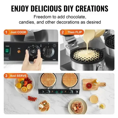 VEVOR kommerzielles rundes Waffeleisen mit Doppelkopf 2460 W, belgisches Waffeleisen mit antihaftbeschichteten Backfläche, Temperatur- und Zeitregelung, für Restaurant Bäckerei Snackbar – Bild 5